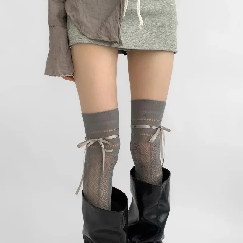 New Black Fishnet Stockings Women Sexy See Through Hollowed-out Thigh High Socks Punk Uniform JK Bow Tie Strap Knee High Hosiery