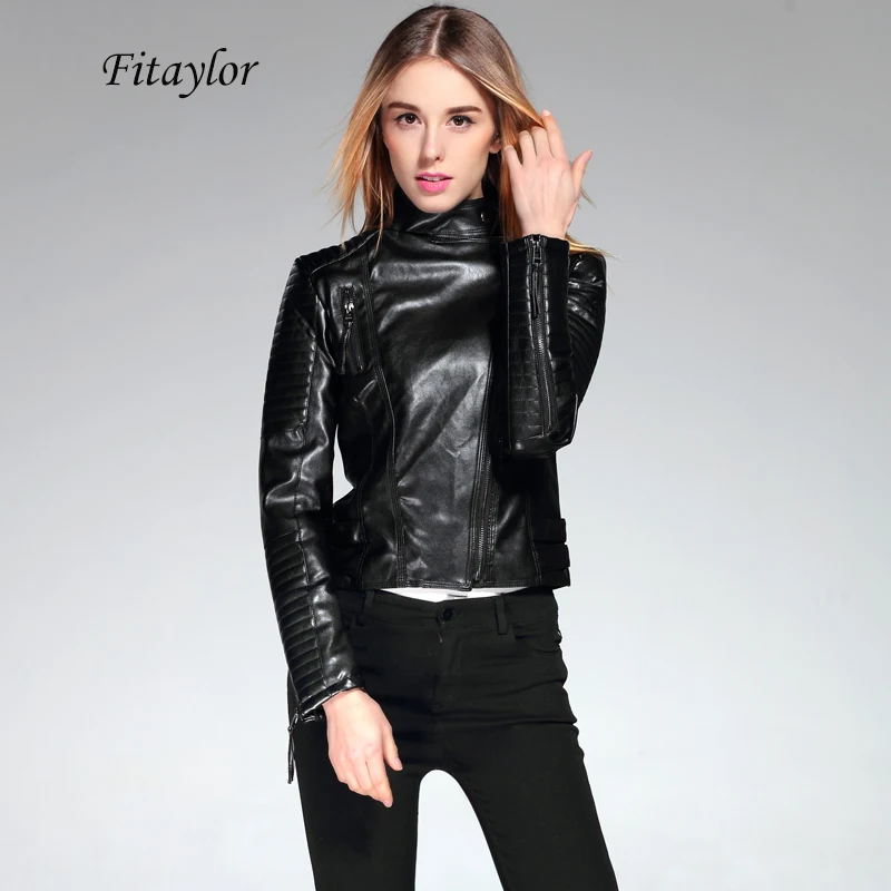 

Fitaylor New 2022 Women PU Leather Short Jacket Slim Fashion Punk Outwear Long Sleeve Motorcycle Black Jacket Spring Outwear