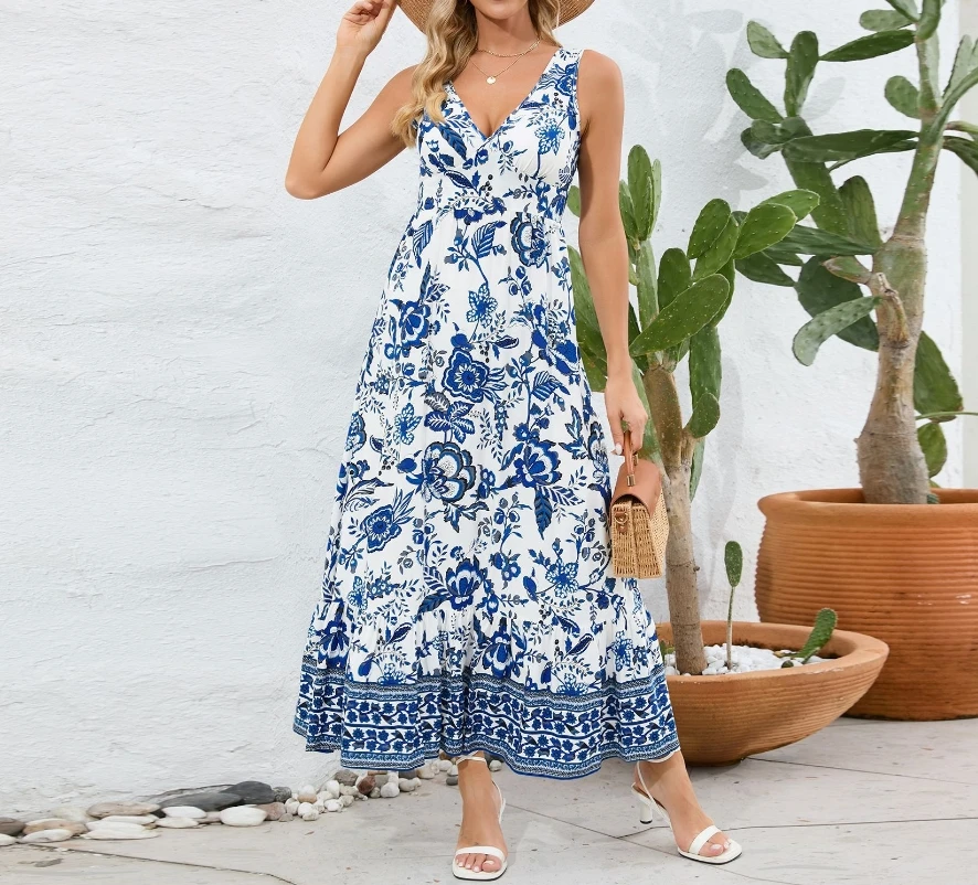 Vestido largo de cintura alta sin mangas para mujer, vestido bohemio con estampado Floral Retro, cuello en V, cintura alta, vacaciones de verano