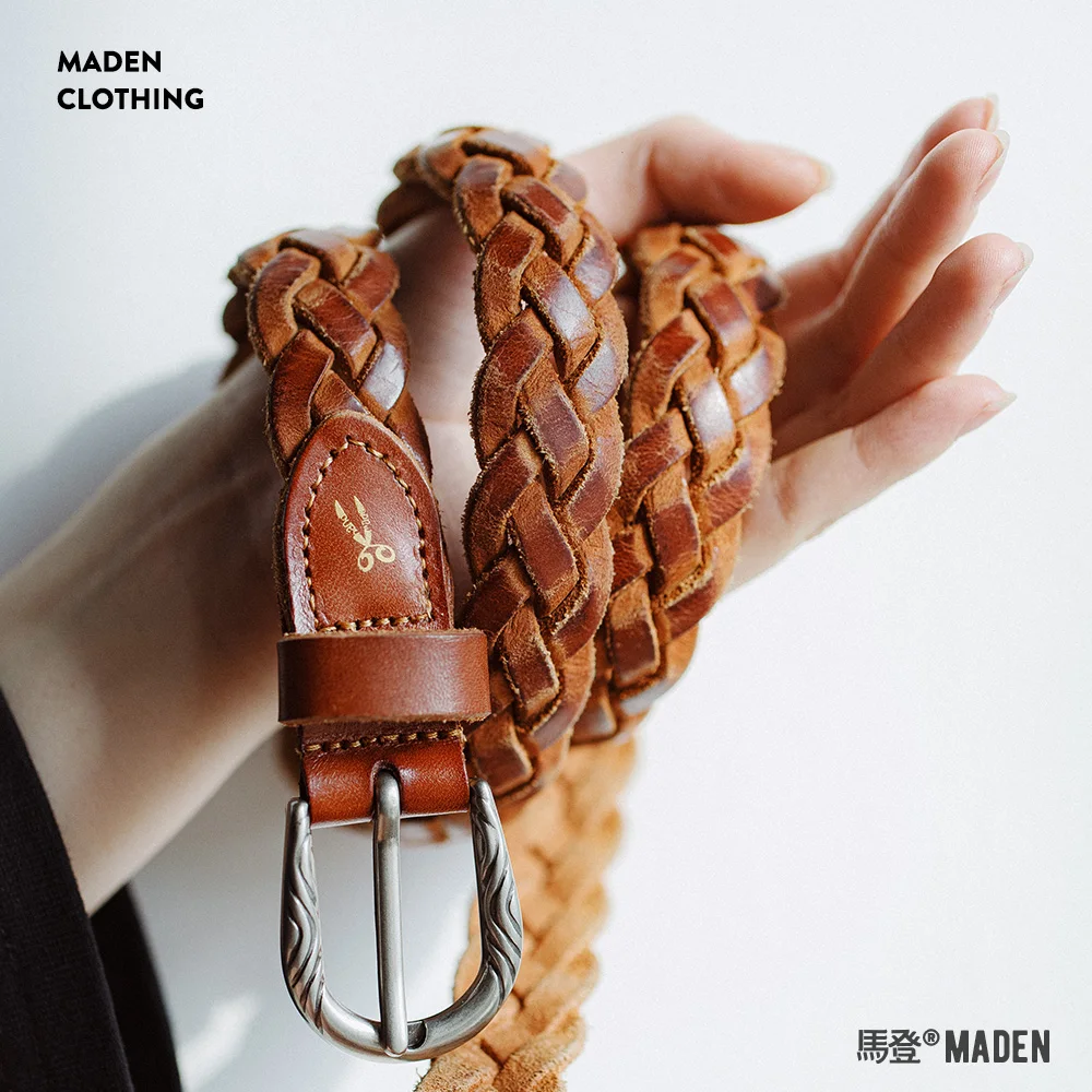 Maden Vintage Veg-Tan Cowhide Braided Belt for Women Leather Belt Simple Accessory Belts with 3 Strands of Weaving Craftsmanship