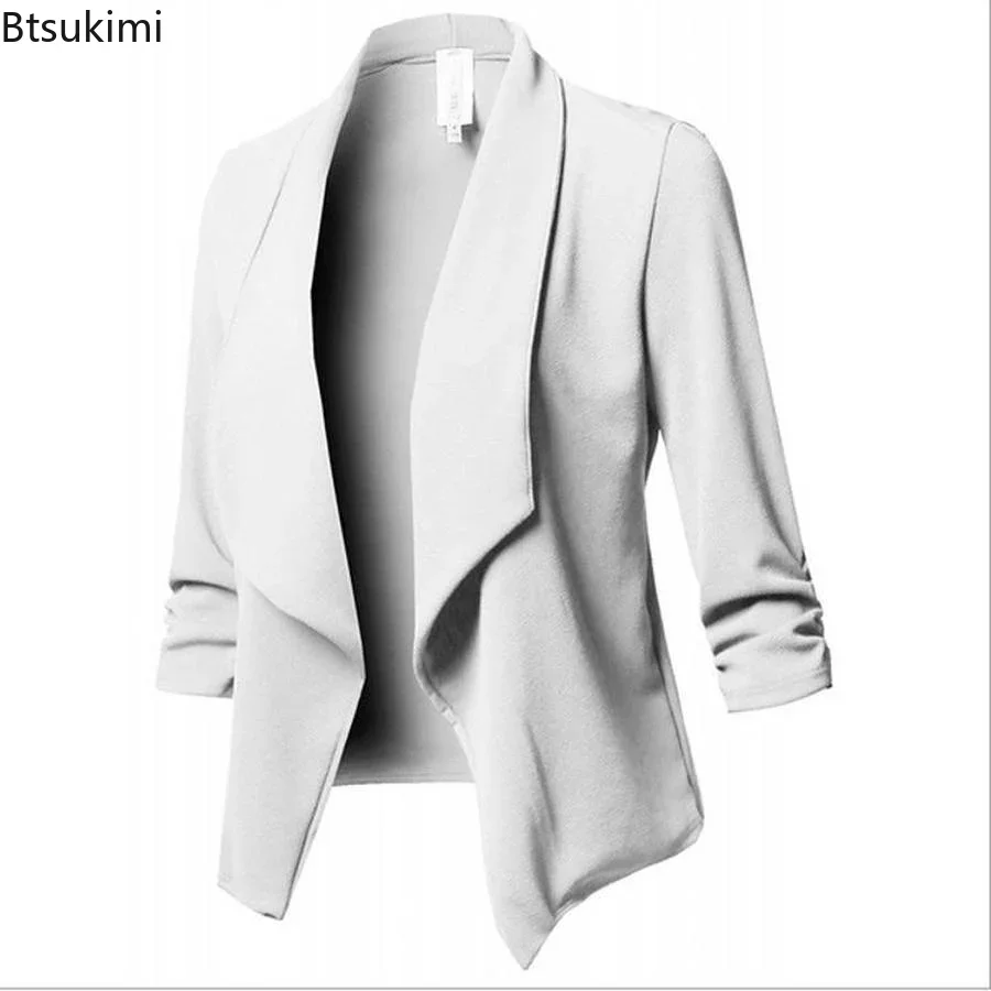 New 2024 Women's Casual Blazer Jacket Suits Notched Collar Solid Oversized Jacket Pleated Sleeve Female Formal Office Suits Coat