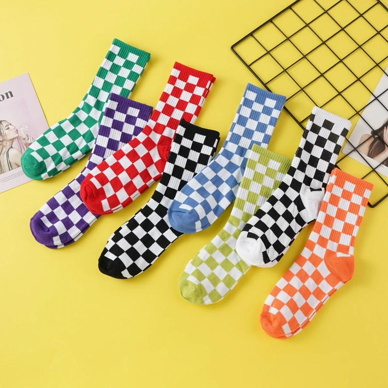 Children's Socks Trendy Checkerboard Street Fashion Square Pattern Novel And Interesting Plaid Style Neutral  Mid-Tube Socks