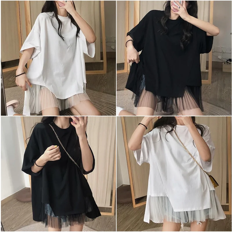 

T-shirts Women Cute Summer Harajuku Goth Irregular Patchwork Mesh Tees Loose Fashion Korean Style Tops Streetwear Lady Exquisite