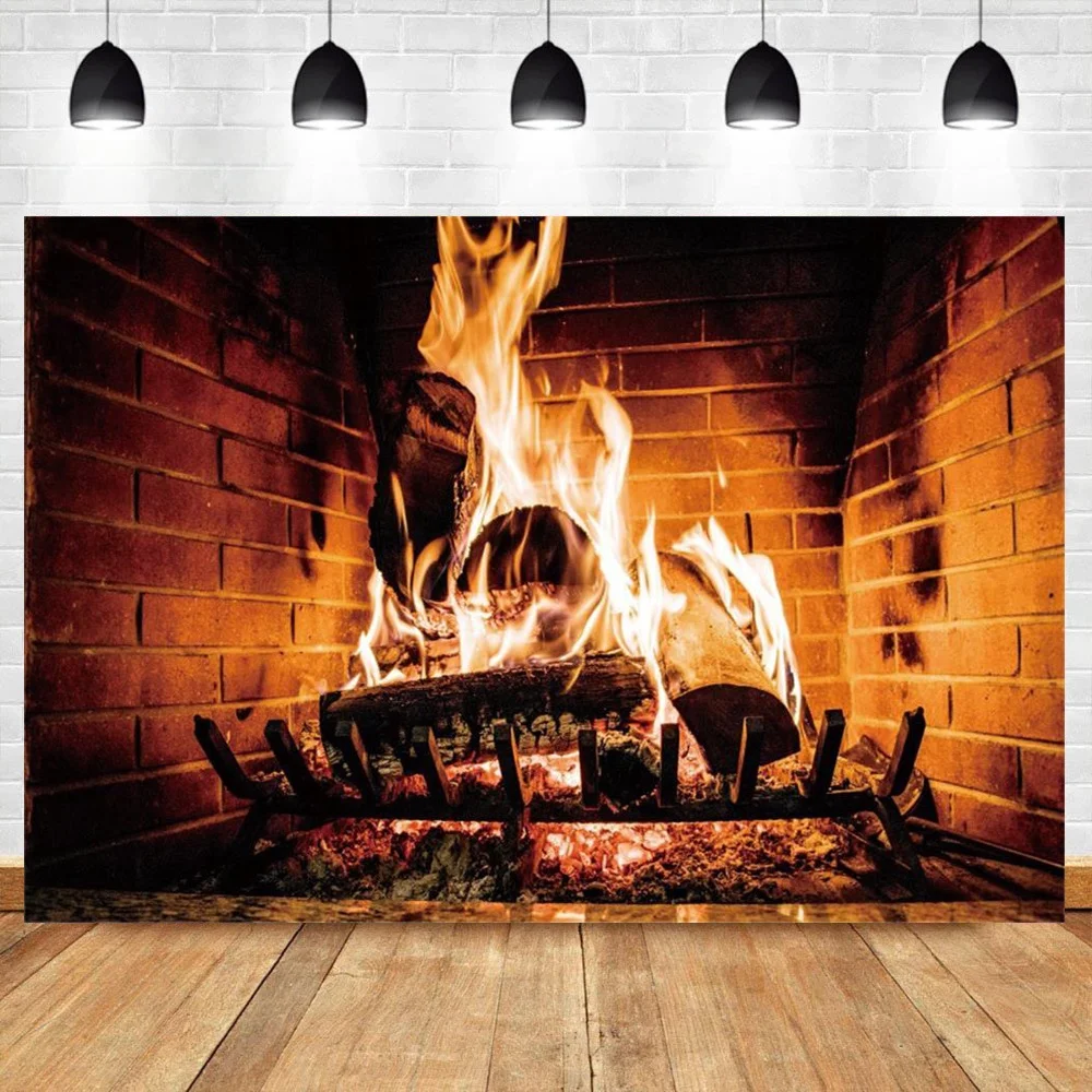 Brick Fireplace Wood Burning Fire Blame Wallpaper Home Decor Country Pattern Photo Backgrounds Photography Backdrop Photo Studio