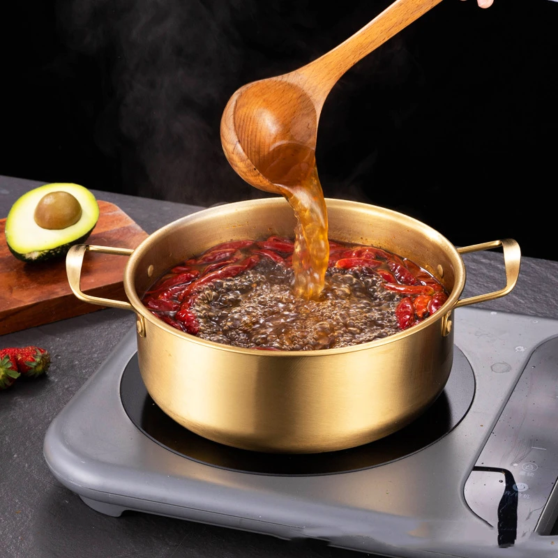 Stainless Steel Korean Style Soup Pot Small Hot Pot Gold Color Double Ear Soup Bowl Household Kitchen Cookware Soup Stock Pot