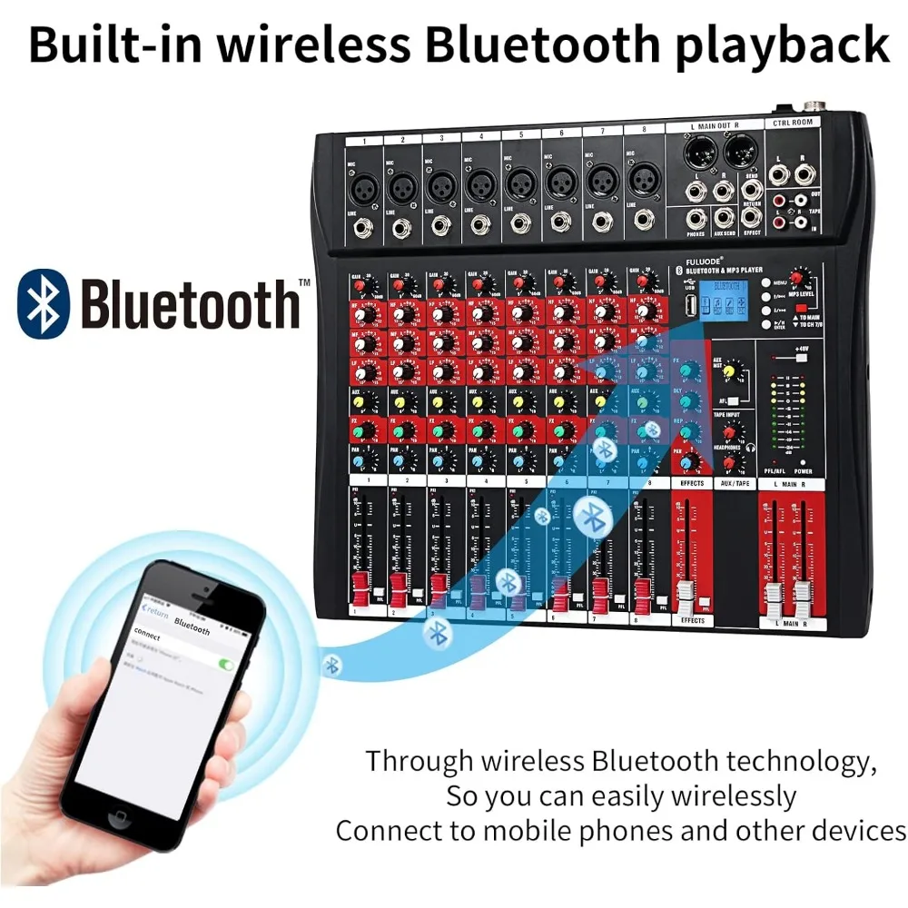 CT-80S Professional audio mixer 8 Channel with MP3 Player+Bluetooth U disk 48V Phantom Power Source USB recording