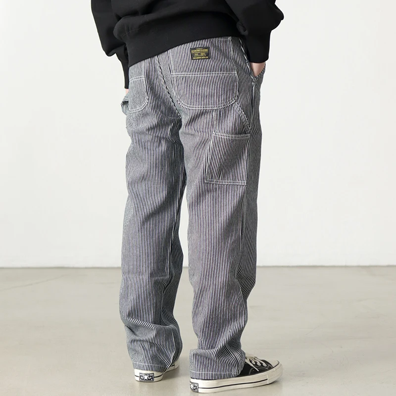 3903# Spring New American Retro Denim Carpenter Cargo Jeans Men\'s 100% Cotton Washed Loose Casual Multi-pocket Straight Pants