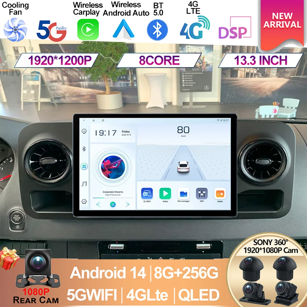 13.3 pouces Android 14 tout en un pour mercedes-benz Sprinter 2018 2019- 2022 lecteur multimédia vidéo de voiture GPS Carplay Auto 8G + 256G
