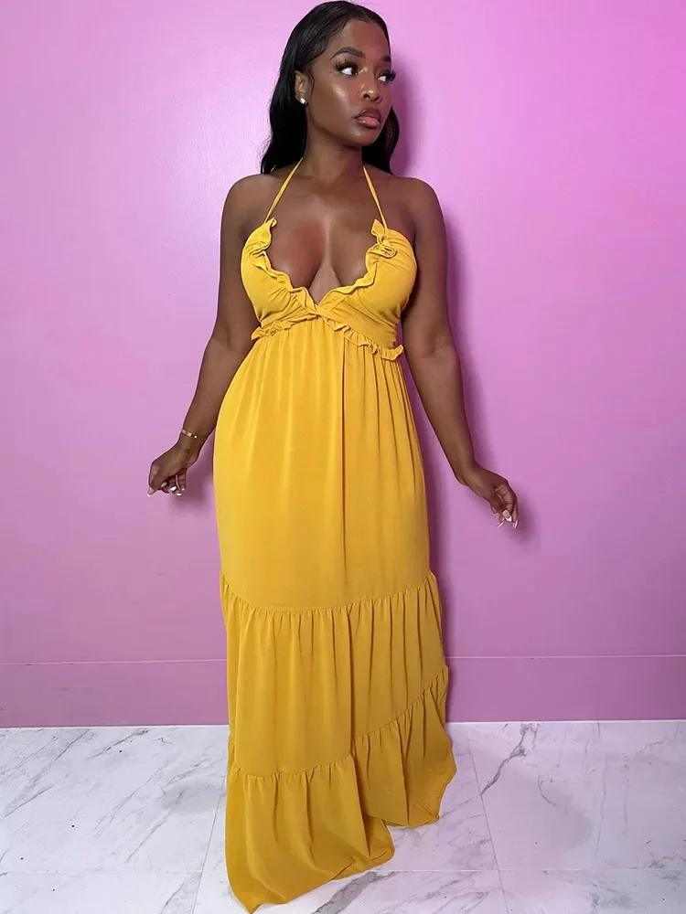 

Sexy Halter A-line Maxi Dress Women Sleeveless V-neck Backless Ruffles High Waist Loose Fit Summer Long Dresses Beach Holiday