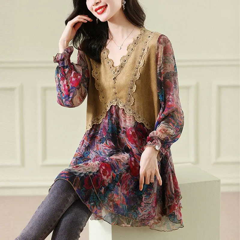 Women\'s Pullover V-neck Chiffon 2023 Spring and Summer Vintage Midi Lantern Sleeve Patchwork Broken Flowers Rivet Loose Dresses