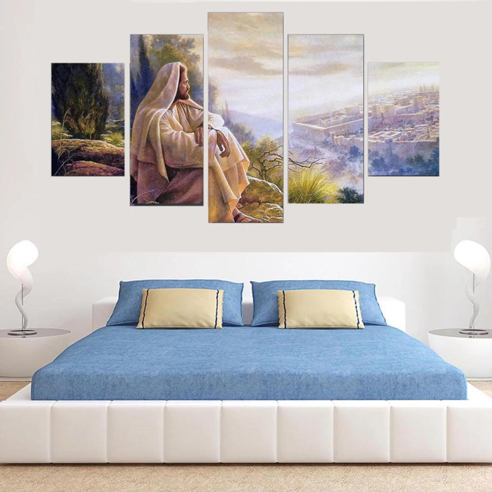 

5 Panels Canvas Art Wall Religion Poster Painting Jesus Overlooking Home Decor Living Room Picture Print Bedroom Mural Artwork