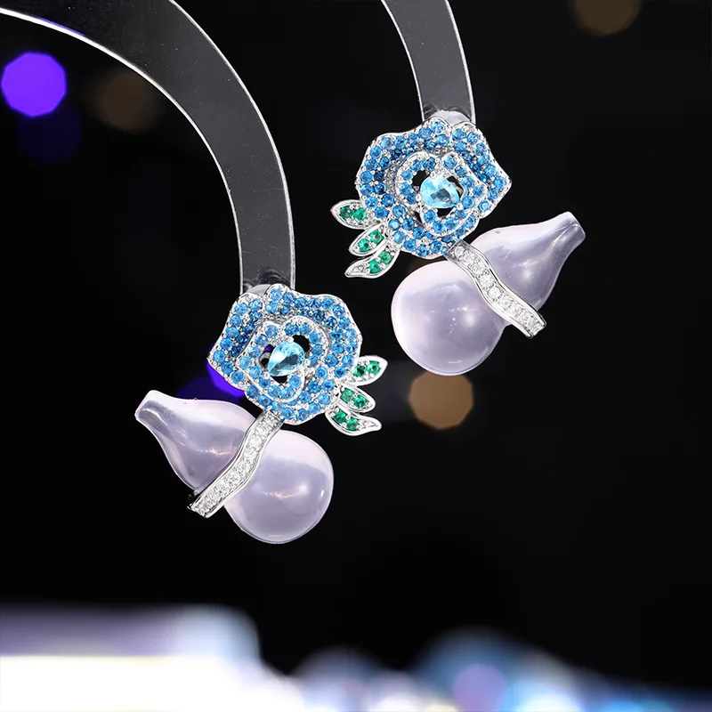 

New Chinese Style Floral Purple Chalcedony Gourd Earrings S925 Silver Needle Light Luxury High-end Niche National Trend Rose Flo