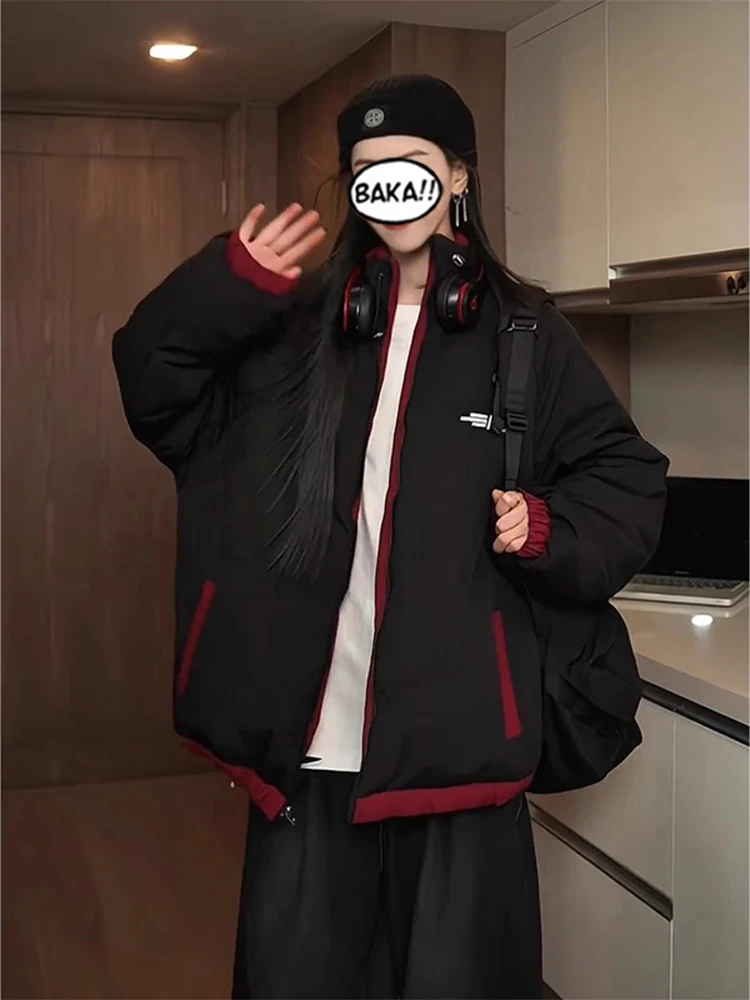 Abrigo de invierno grueso de algodón de doble cara para hombre, estilo americano, con cuello alto, para parejas, informal, tipo plumífero.