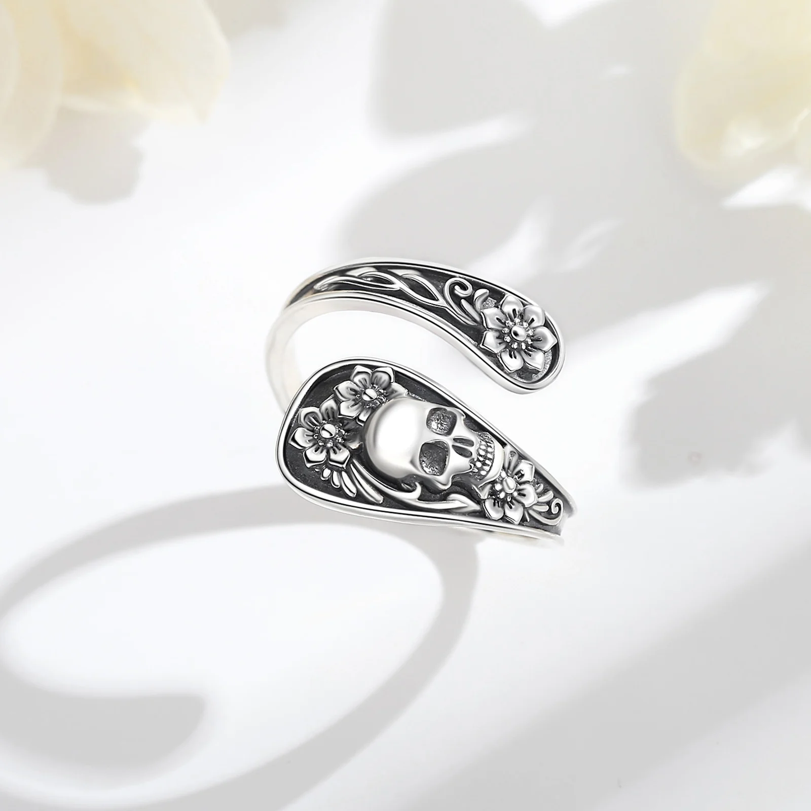 يودورا 925 فضة القوطية الجمجمة ملعقة قابل للتعديل حلقة زهرة الورد الهيكل العظمي الدائري شخصية مجوهرات هدية للنساء رجل