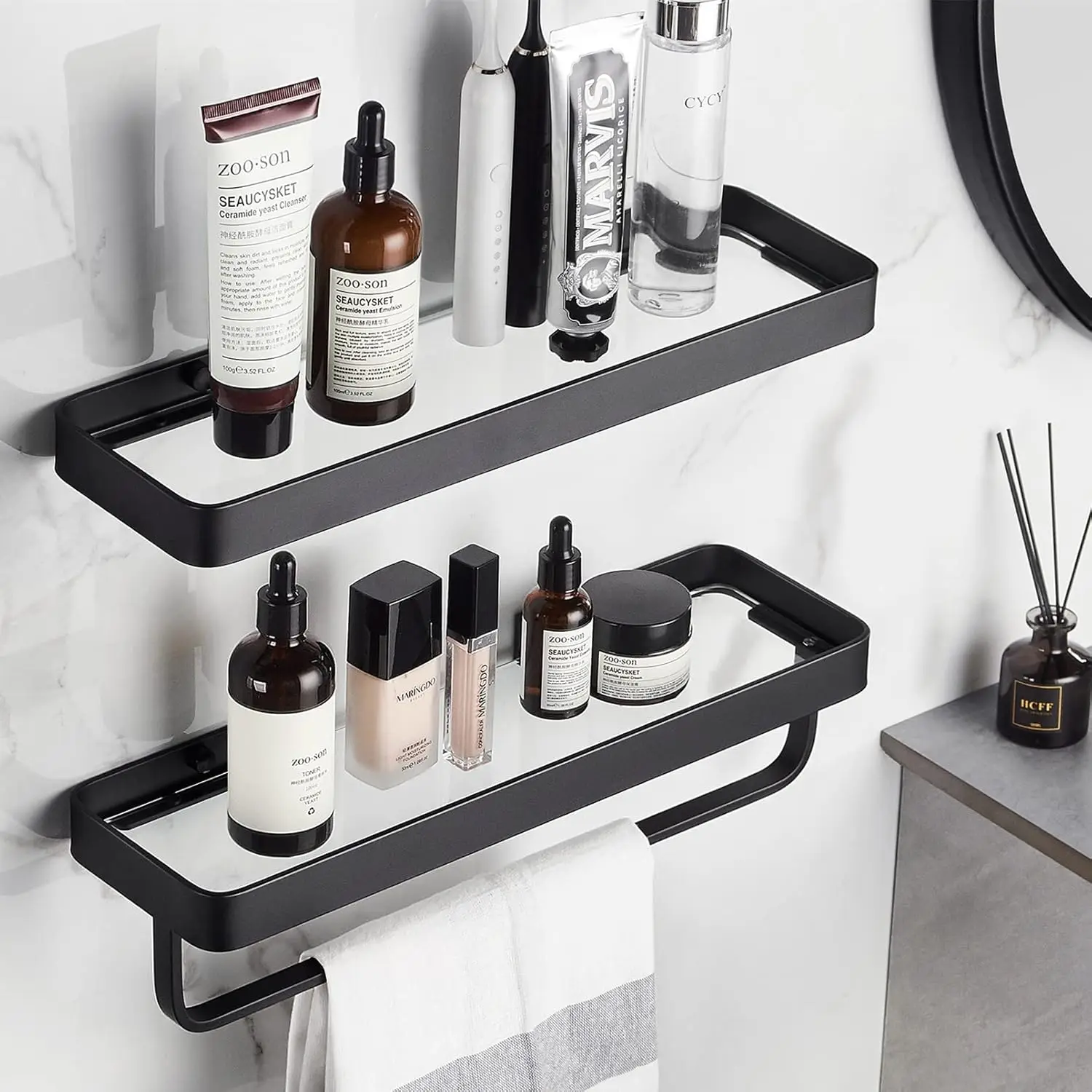 

Wall Mounted Glass Shelf for Bathroom, 2 Tier Floating Shelf Organizer in Black