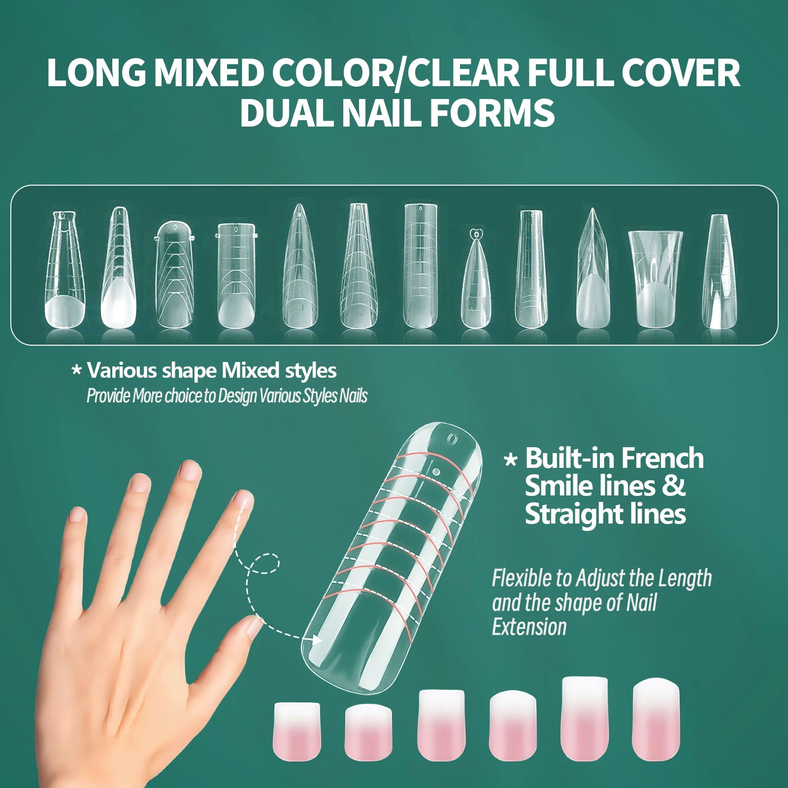 ชุดแม่พิมพ์เจลต่อเล็บแบบใสหลากสี 288 ชิ้น/12 ขนาด สำหรับทำเล็บอะคริลิคแบบซ้ำได้ ใช้ในร้านทำเล็บและ DIY