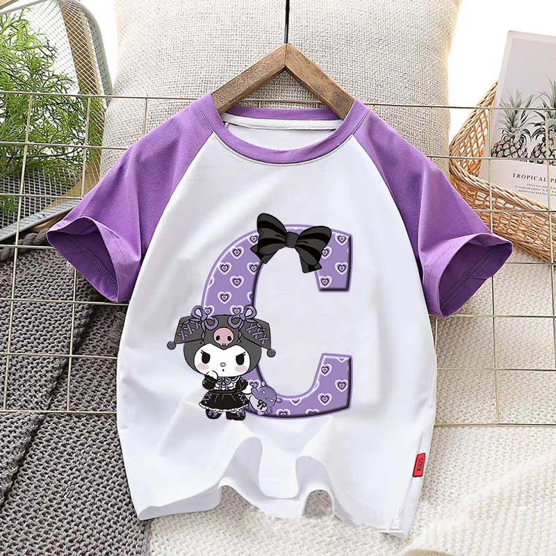 

Kuromi T-shirt Girl Baby Kawaii Anime Pattern Short Sleeve Fun Cartoon A-Z Tee Children Loungewear Kid Clothes Clothing Gift New