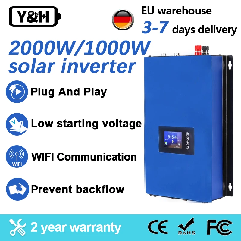 Y&H 1000W 2000W Grid Tie Solar Inverter 25-60V/45-90V With Limiter MPPT Solar Inverter Pure Sine Wave LCD Display WiFi Optional