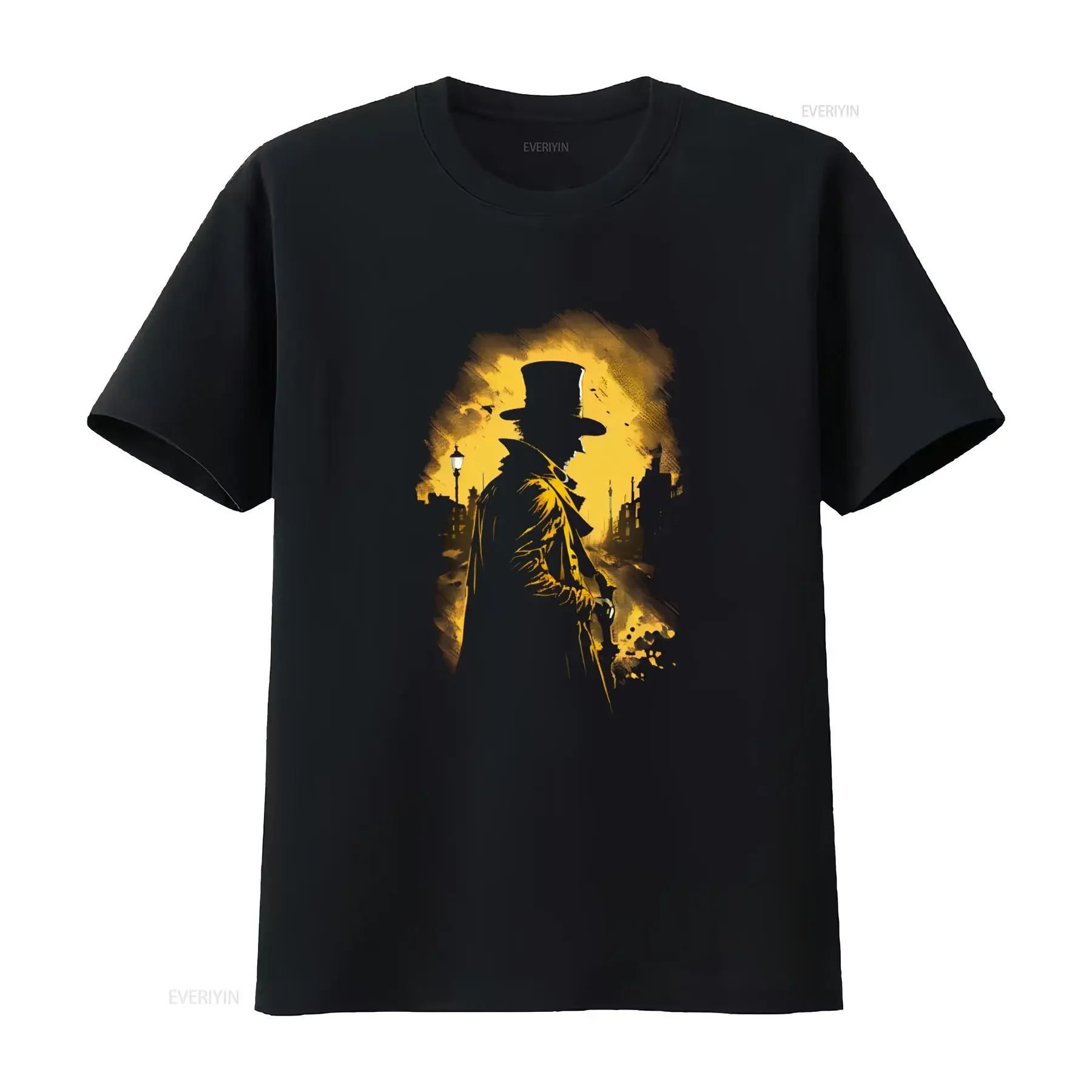 Jack The Ripper Stalking Streets of Whitechapel in Old London Town by Gaslight Monochrome Amber Black T Shirt vintage Washed