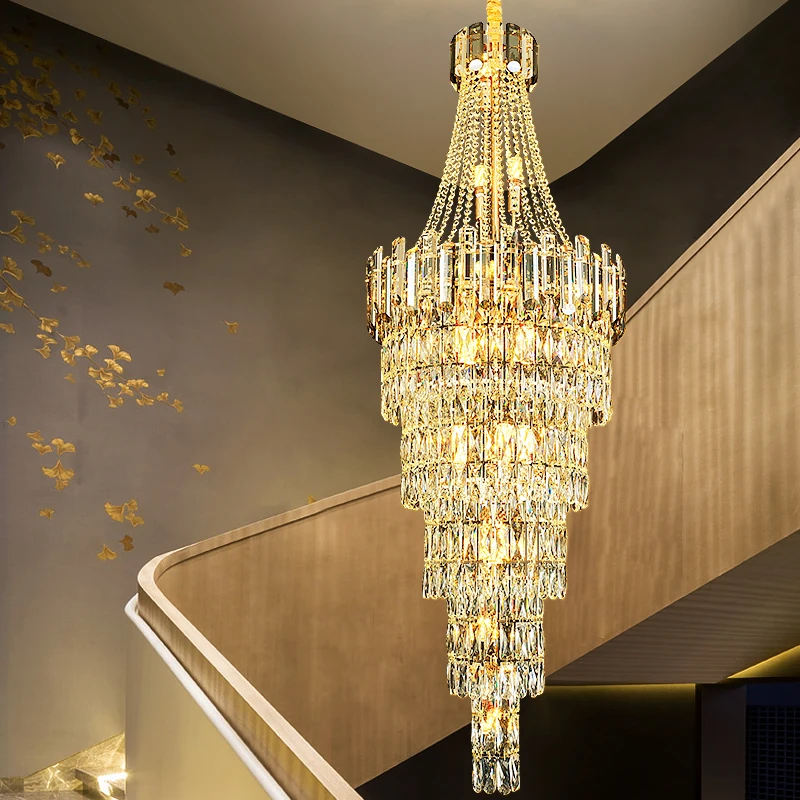 Crystal Chandelier Long Staircase Light Large Living Room Hotel Lobby Decoration Adjustable Height LED Light Luxury Decoration