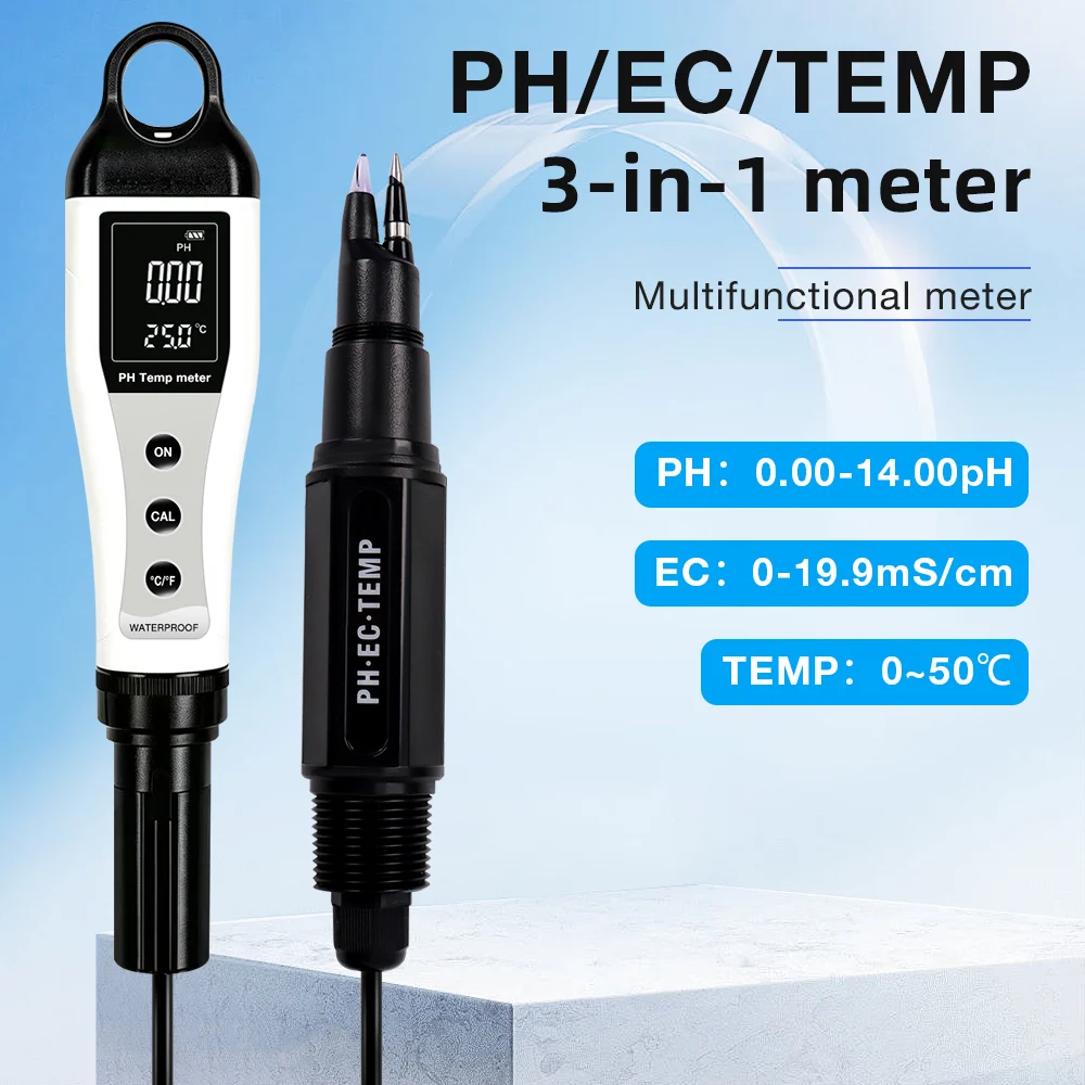 Waterproof 3-in-1 Food PH Meter High Precision 0-14pH EC Tester 0-19.99mS/cm For Meat Dough Fruit Skin Soil Testing