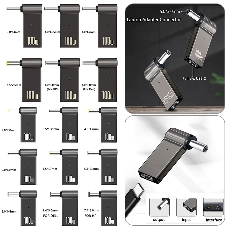 PD 100W Laptop Power Charger Supply Adapter Connector USB Type-C Female to DC Male Jack Plug Converter for Lenovo/HP/DELL