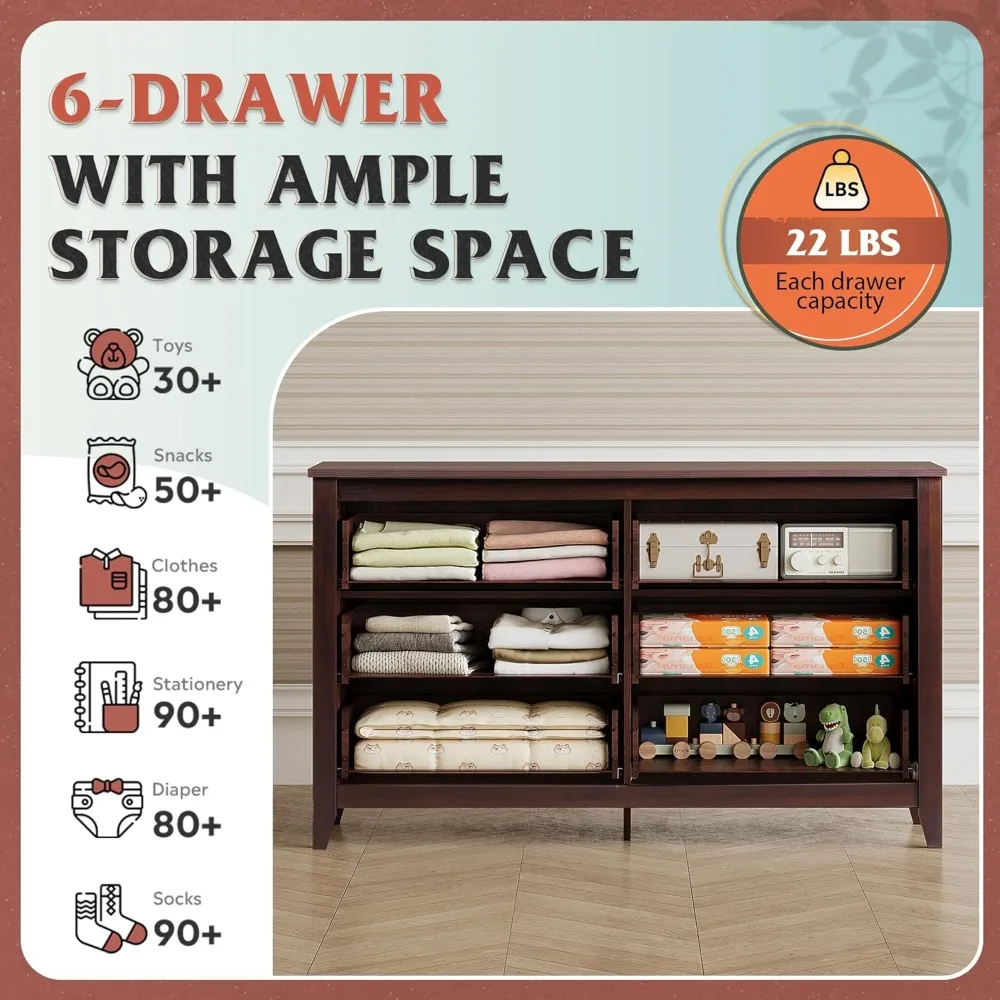 WLIVE Lemari Kayu untuk Kamar Tidur, Lemari 6 Laci Ganda dengan Pegangan Logam, Lemari Laci Kayu Besar untuk Ruang Tamu, Hallwa