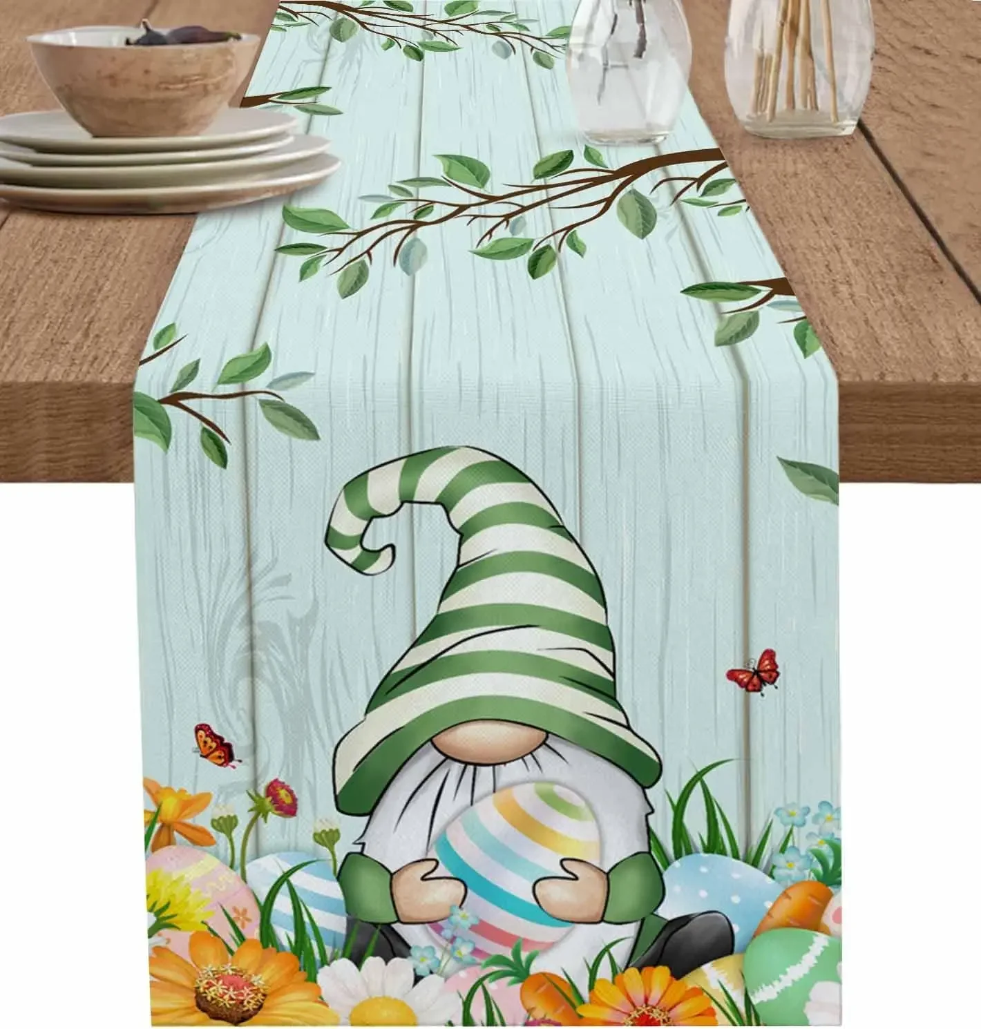 Easter Gnome Egg Flowers Wood Grain Linen Table Runner Table Decor Spring Floral Eucalyptus Leaf Table Runners Easter Decoration