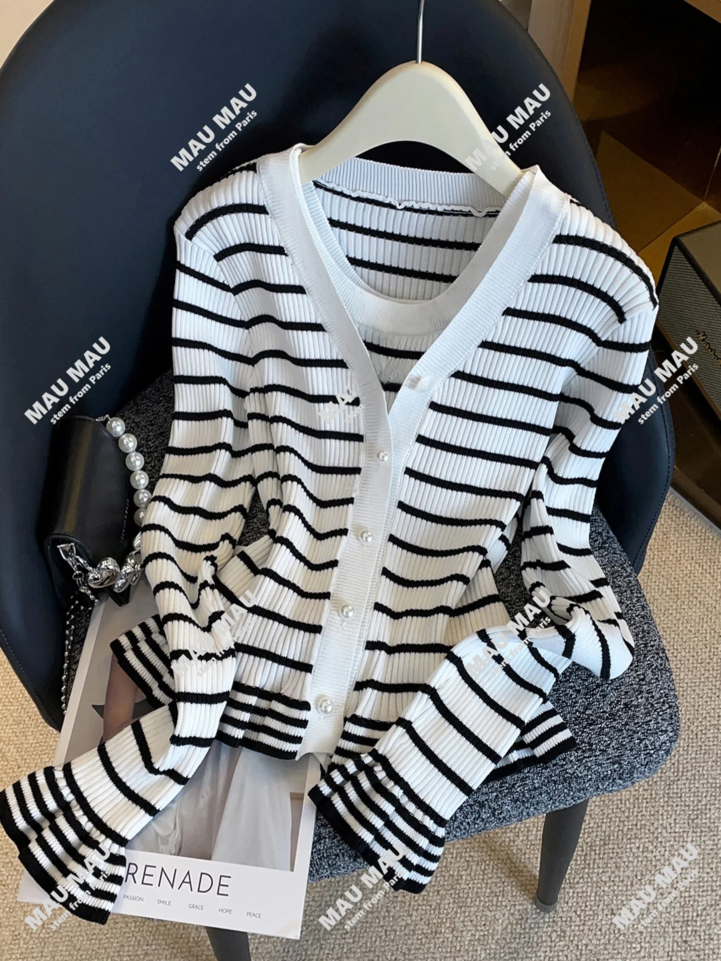 

High-End Women's Knitted Cardigan Two-Piece Set with Beaded V-Ne Lace Sves Stripes Commute Sle Regular Fit Medium Soft...