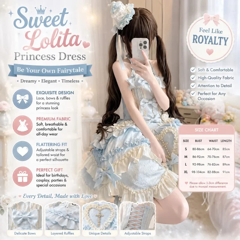 

JSK Dresses Original Design Sweet Lolita Light Blue Halter Ruffle Lace Bow Heart Shaped Princess Dress For Young Girls Comic Con