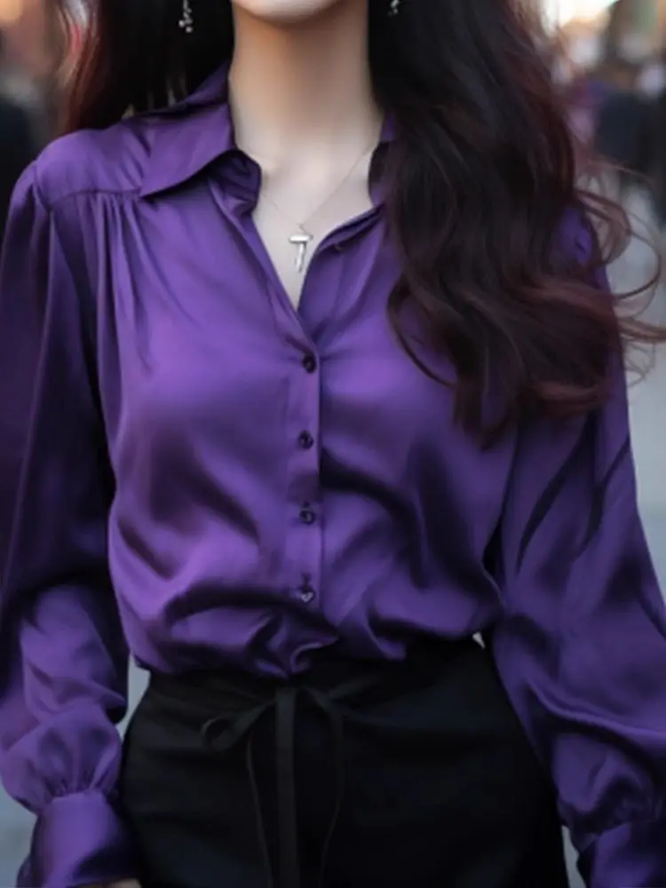 Purple Shirt Women\'s Spring And Autumn 2024 New Fashionable Pendant Lapel Long Sleeved Loose Top