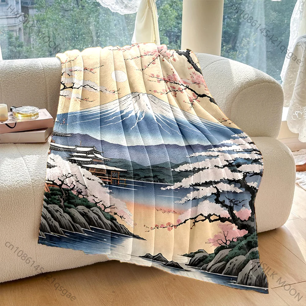 Mount Fuji cherry blossoms lakeside pagoda Print Blanket Warm Soft Fluffy Kids Adult Sofa Bed Throw Outdoor Travel Camping RV