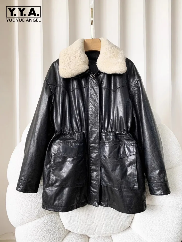 Kurtka damska retro z woskowanej skóry bydlęcej z wyjmowanym wkładem z puchu gęsiego, gruby płaszcz zimowy, ciepła, z prawdziwej skóry, średniej długości odzież wierzchnia.