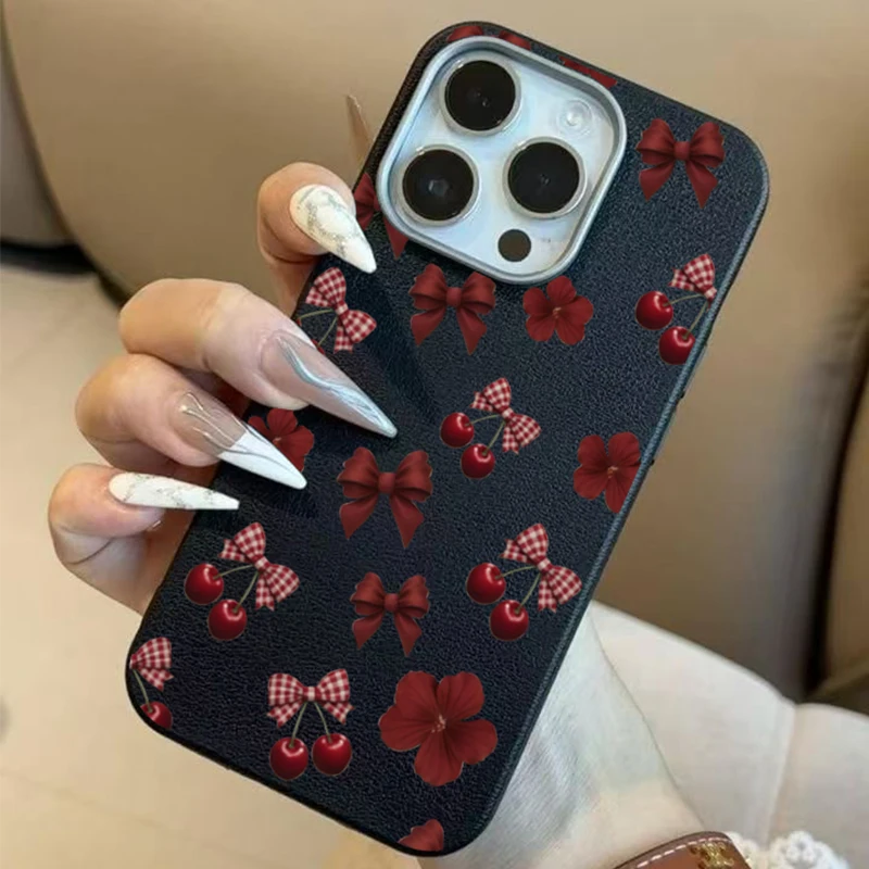 

Wine Red Cherry Bow Floral Design TPU Soft Phone Case For iPhone 17 16 15 14 13 12 11 Pro Max XS X XR 7 8 Plus 16E 17 Air Cover