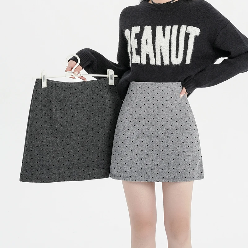 Y2K Woolen Skirt Women Grey Heart Dot A Line Short Skirt High Waist Slimming Wrap Buttocks Autumn Winter