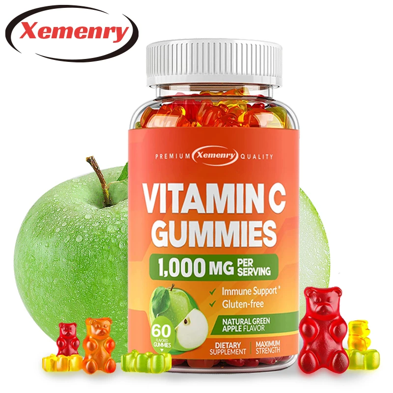 Vitamin C 1000 Mg Gummies - Powerful Immune Support, Skin Collagen Support - Tart Green Apple - 60 Gummies, Adults & Kids