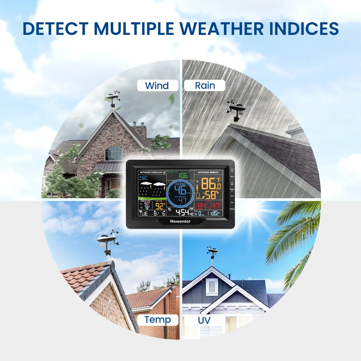 Multifunktions-Wetterstation, 8-in-1-Temperatur- und Luftfeuchtigkeitsuhr, Windgeschwindigkeit und Pluviometer, Wettervorhersage mit Außensensor