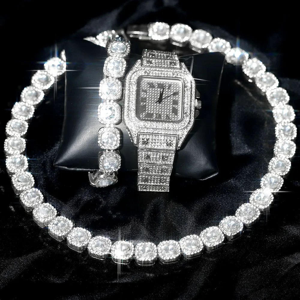 3 stücke Stilvolle Uhr Set Luxus Hip-hop Punk Zuckerwürfel Kette + Armband + Quadratische Uhr 3-in-1 Set Männer Street Style Trend Schmuck Geschenk