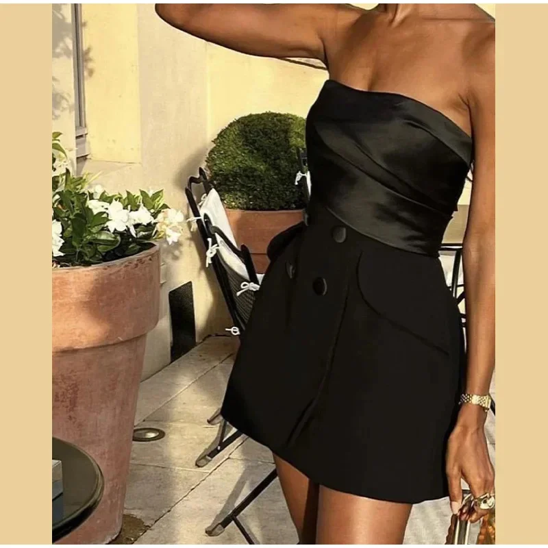 Elegant Women Strapless Mini Short Dress Patchwork Double Breasted Sleeveless One-piece Dresses Sexy Lady Street Party Vestidos