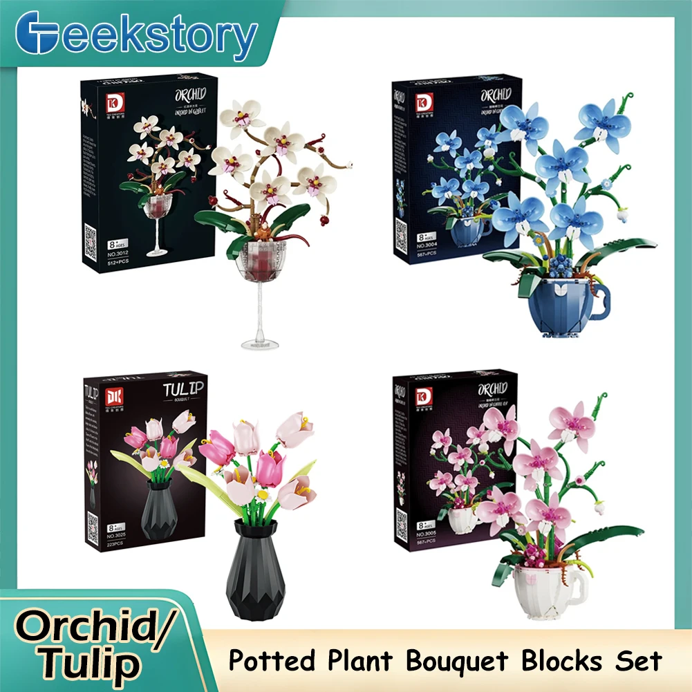 

Romantic Orchid Tulip Rose Potted Plant Building Blocks Bouquet Creative Flower Model Educational Toy for Home Decoration Gift
