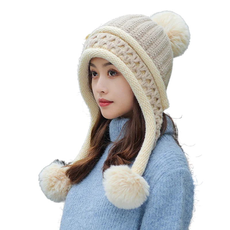 

Women Winter Peruvian Cover Ears Beanie Hat Ear Flaps Sherpa Ski Snow Hats Knit Fleece Lined 3 Pom Pom