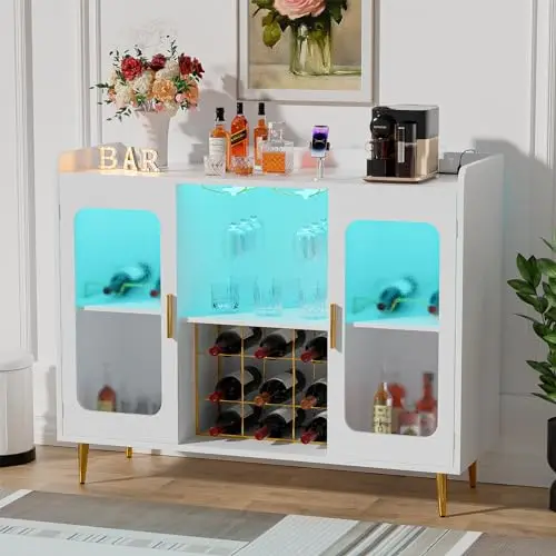 Liquor Cabinet Bar with Power Outlet and LED Light, Wine Bar Cabinet with Wine and Glasses Rack, Home Coffee Bar