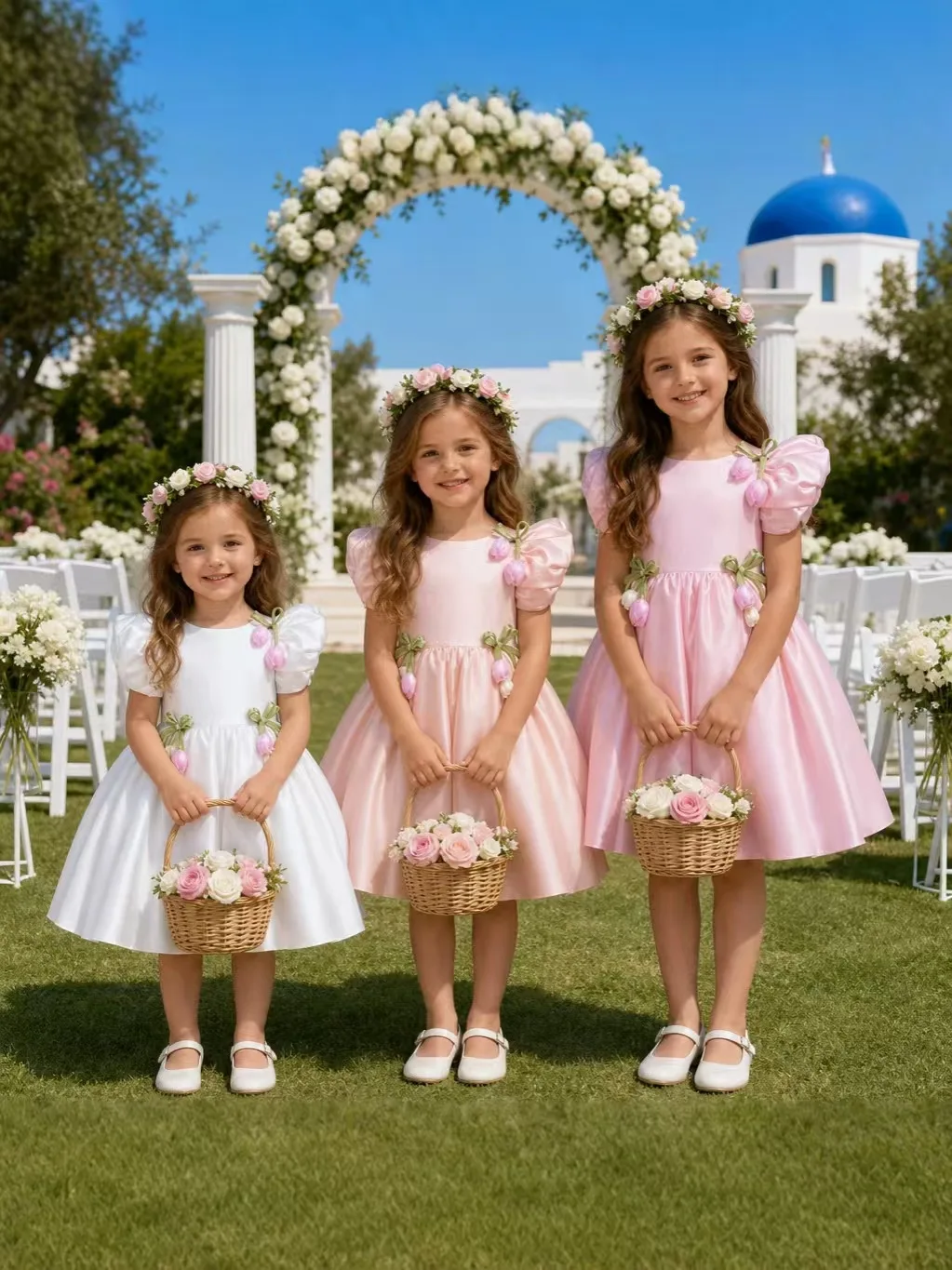 Custom Puff Sleeve Bow Floral Satin Luxury Dress Women Wedding Guest Gown Kids Birthday Party Outfit for Pageant Runway