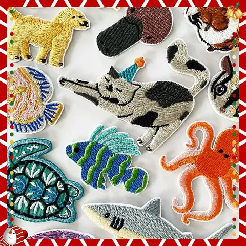 Durable Iron On Embroidered Patches for Clothing Backpacks Shoes with Animal Shark Turtle Cat Dog Applique Stickers Stripes