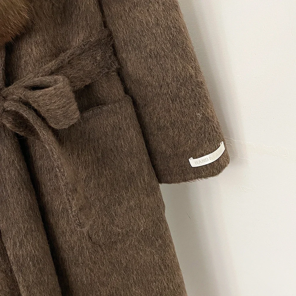 OFTBUY Neue Winterkleidung für Damen, Langer Mantel mit Kapuze aus 100% Wolle mit Echtfuchs-Pelzbesatz, Luxuriöse Lose Natürliche Pelz-Wolljacke für Damen – Detail 6