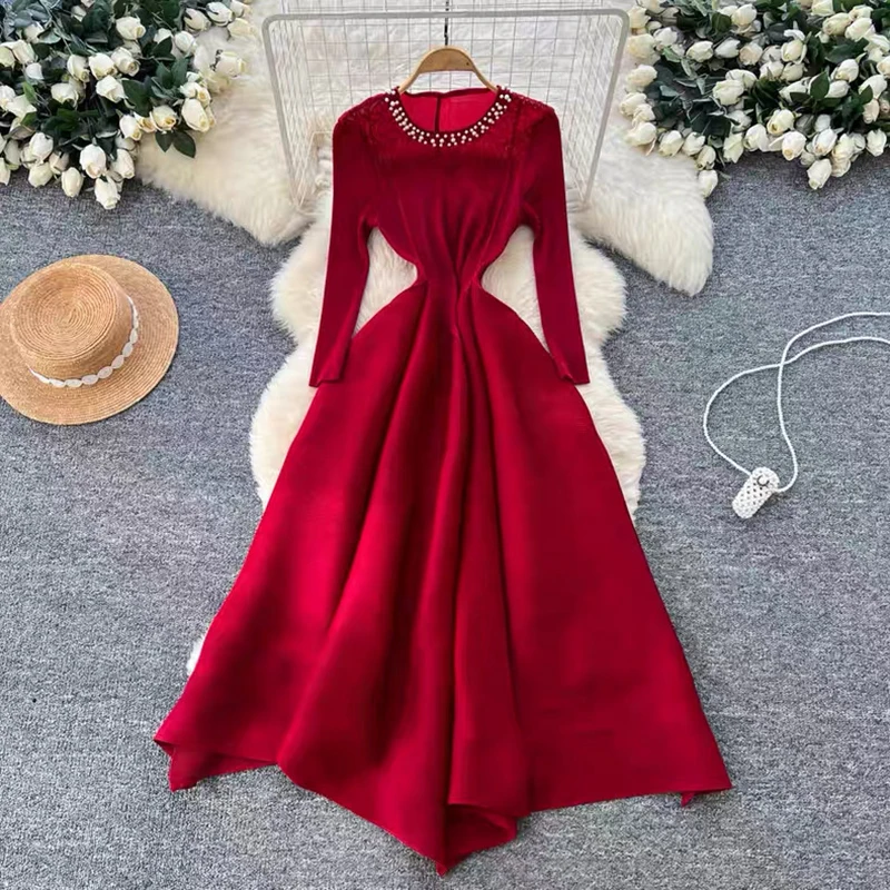 

Ruffle Lace Splicing Beaded Long Sve round Ne Gown Pleated A-Line Skirt High Waist Eight Pieces Flower Bud Dr Women