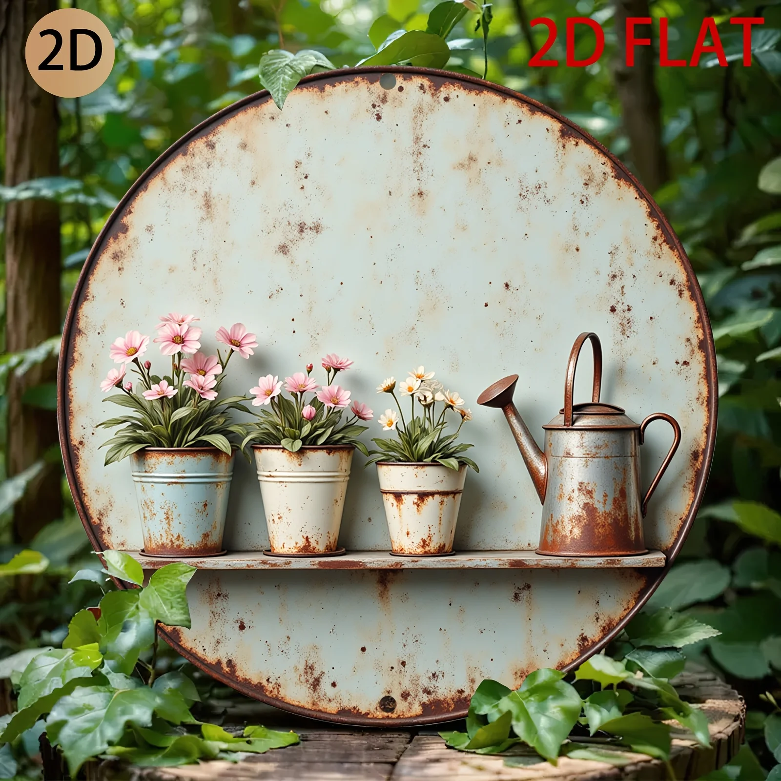 3D effect Rustic circular metal wall art with flower pots and watering can  garden themed decor for home or patio, 2D Flat, Perf