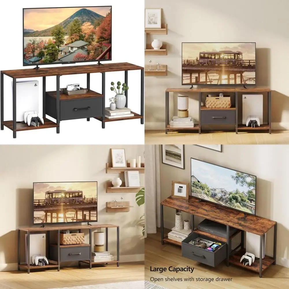 

Тумба под телевизор Rustic Brown 55 с тканевой дверцей и открытыми полками, медиацентр для гостиной и спальни