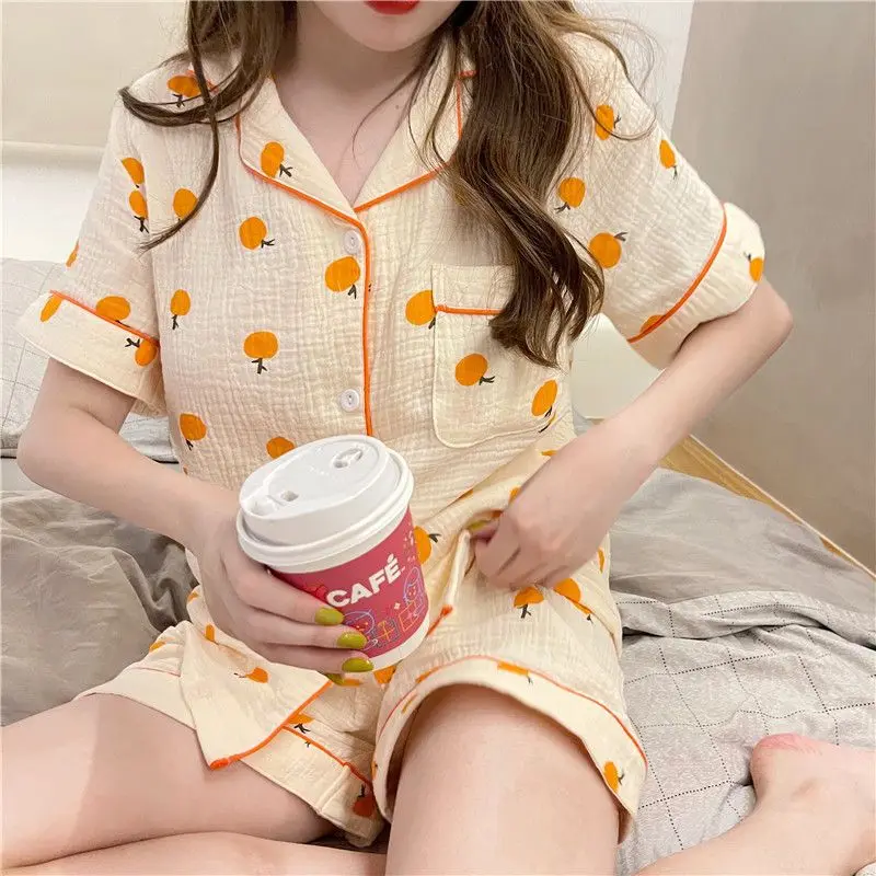 2024 New Summer Women Pajama Sets Korean Style Girls Short Sleeve Sleepwear Orange Print Pijamas Student Cute 2 Pieces Home Suit