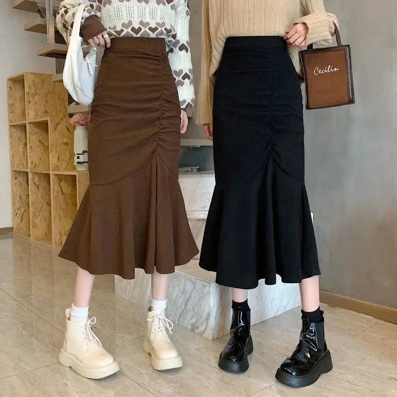 

Vintage Corduroy Trumpet Women Skirt Elegant High Waist Black Midi Skirts Korean Fashion Style Ruffles Solid Color Faldas Mujer